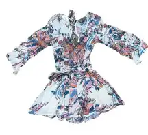 Women's S Floral Abstract Long Sleeve Wrap Romper Deja Vu - Lightweight Cotton