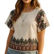 Romeo & Juliet Couture Short Sleeve Embroidered Boho Chic Blouse Top Size Small