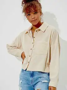 American Eagle Cream Corduroy Button Down Cropped Shacket