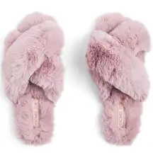 RACHEL ZOE LIGHT PINK FLUFFY FAUX FUR CRISS CROSS SLIPPERS M