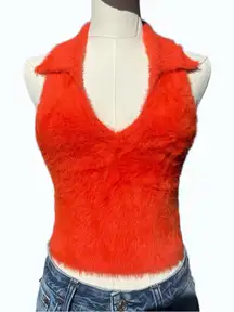 Day + Moon Orange Fuzzy Collared Crop Vest Top Women’s Small Y2K Soft Knit