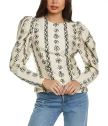 Ulla Johnson Layla Silk Floral Embroidered Puff Sleeve Ivory Blouse Size 8