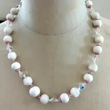 Vintage Mother of Pearl & Crystal Necklace with Pink Enamel Accents