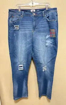 EV1 Alex Relaxed Vintage Jeans Womens Size 18 Distressed Patched Blue Denim