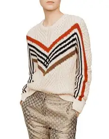 MAJE Mimosa Striped Openwork Chunky Knit Apres Ski Sweater