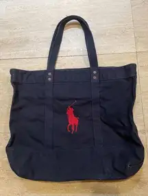 Polo Ralph Lauren Tote Bag Blue Canvas Denim Pony &‎ Flag Embroidery 20x15x6”