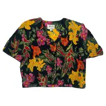 Vintage 80s Button Up Colorful Quilted Floral Crop Top Jeffrey & Dara Size 10