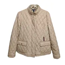 Vtg Tommy Hilfiger Women’s Down Puffer Quilted Jacket Full Zip Hooded Khaki Sz M
