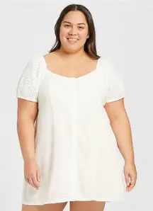 BP Women's Eyelet Puff Sleeve Prairie Mini Dress White 1X Cotton NWT