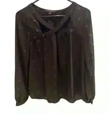 Harlow & Graham beautiful black blouse with gold printed snowflake designs sz SM
