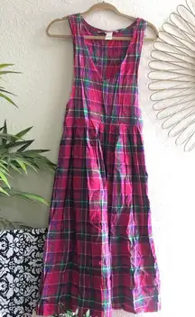 Vintage pink and green plaid deep v neck sleeveless pinafore overalls suspenders dungarees pleated skirt dress 