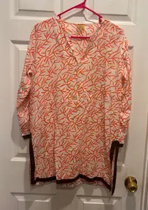 Roberta Roller Rabbit Tunic Top Women's L White Orange Coral Print Cotton‎