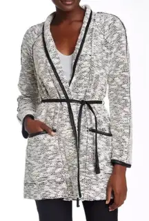 Rebecca Taylor Boucle Tweed Faux Leather Trim‎ Sweater Jacket black white Sz 4