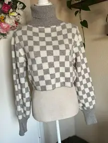 12th Tribe Gray and Cream Checkered Turtleneck Sweater