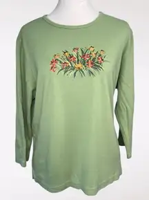 Classic Elements Green Embroidered Beaded Floral 3/4 Sleeve Top Size Large