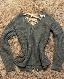 Women’s Gray Lace up Back Knit Sweater, Size XS