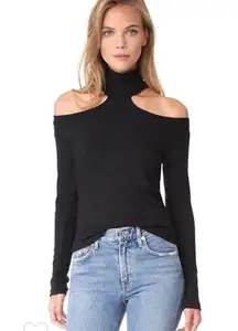 LNA REVOLVE FRANKLIN RIBBED BLACK MOCK NECK COLD OPEN SHOULDER LONG SLEEVE TOP S