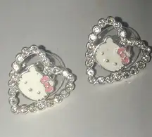 Hello Kitty Silver Tone CZ Rhinestone Heart Pierced Boho Earrings