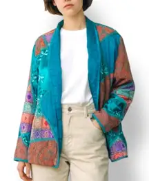 Vintage Y2K Open Front Patchwork Blazer Teal Multicolor Art To Wear Small Boho