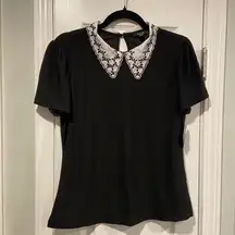 NWT AUW Size S Black Puff Short Sleeve White Eyelet Lace Collar Top Keyhole Back