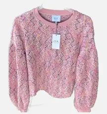 JOA pink chenille crew neck patterned sweater M balloon lantern sleeves NWT