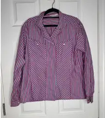 Cheyne Woman's Raspberry and Blue Striped Button-Down Hidden Buttons Size L