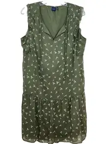 Kaari Blue Womens Large Dress Army Green Bird Print Mini Sleeveless V Neck