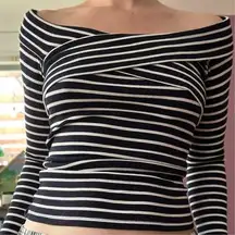 Abercrombie & Fitch Medium Navy Blue White Striped Off The Shoulder Top Ribbed