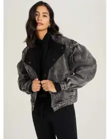 Something Navy teddy denim puff sleeve bomber jacket