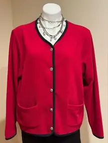 L.L. Bean Vintage Red Fleece  Button Up Sweater With Black Stripe Edge S…