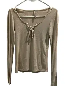 Mono B Beige Ribbed Long‎ Sleeve Tie Front Top Size S