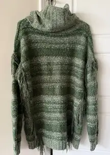 Kensie Green Oversized Fringe Sweater Cozy Relaxed Striped Cabincore