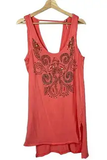 Free People  Coral Bead Embroidered Longline Relaxed Fit Tank Top M