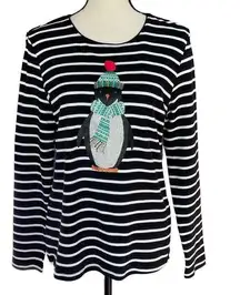 Karen Scott  X-Small Top Holiday Christmas Penguin Striped Long Sleeve Glitter