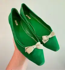 Miu Miu Green Suede Snub Toe Bow Ballet Flats Size 36