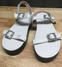 Schutz Ruth Flatform Sandal Womens 8.5 White Leather Embellished Buckle Open Toe