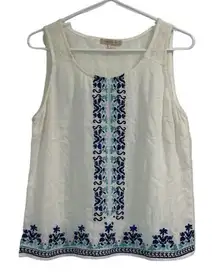 Skies Are Blue Size MP Floral Print Sleeveless Top Crocheted Embroidered Peasant