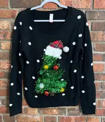 No Boundaries womens juniors Christmas holiday party tree hat sweater black M