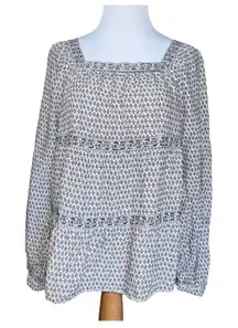 Womens small White & Black Floral-Print Square-Neck Tiered Long Sleeve Blouse​