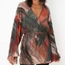 ZARA Green & Orange Abstract Print Plisse Pleated Wrap Blouse Top Women Size S