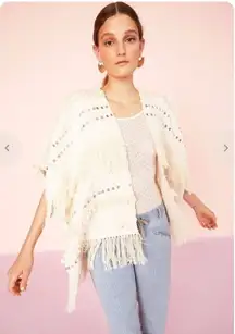 Ulla Johnson Bennie Wrap Cream OS One Size Fits Most Knit Cotton‎ Fringe Sequins