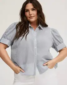 Torrid Rhinestone Button Up Stripe Top Blue Puff Sleeve Size 2X