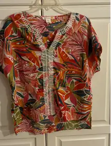 C&C California Women's Large Tropical Floral V Neck Short Sleeve Tunic Top