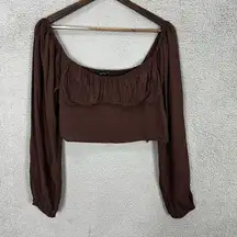 Kendall & Kylie crop top womens large brown long balloon sleeve smocked boho