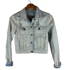 Forever 21 Small Women's Light Blue Wash Denim‎ Distressed Jean Jacket Cropped