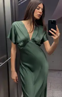 Zara dress midi dark sage emerald green short sleeve satin evening wedding 