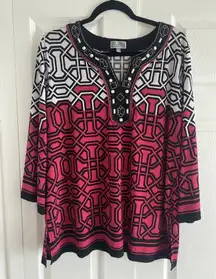 JM Collection Womens 1X Pink Black‎ Gemoetric Embellished 3/4 Sleeve Beaded