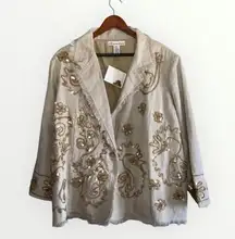 Silhouettes Tan Linen One Button Blazer~ Fringe~Embroidered~Sequins Size 22 NWT