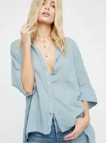 Free People Best of Me Waterfall Cotton Blue Button Collar Shirt Oversize S-XL