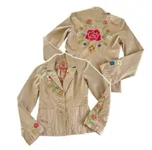 Johnny Was JW Los Angeles Tan Khaki Embroidered Canvas Blazer Jacket Size Small